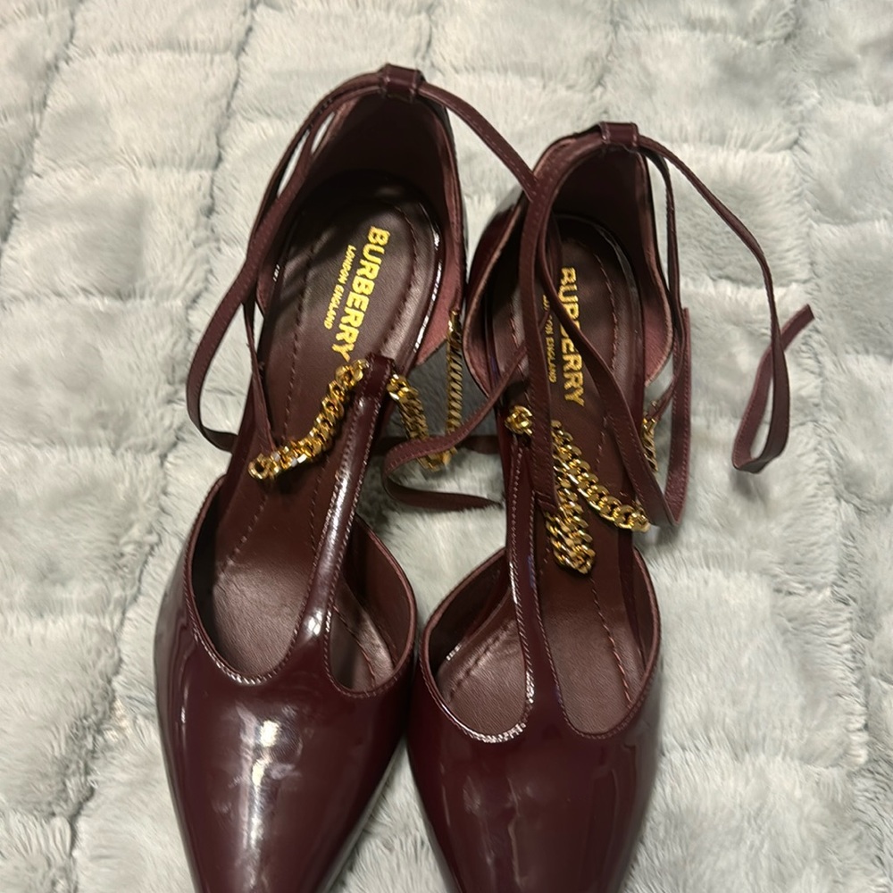 Burdandy with gold straps blueberry heels and designer square heels
